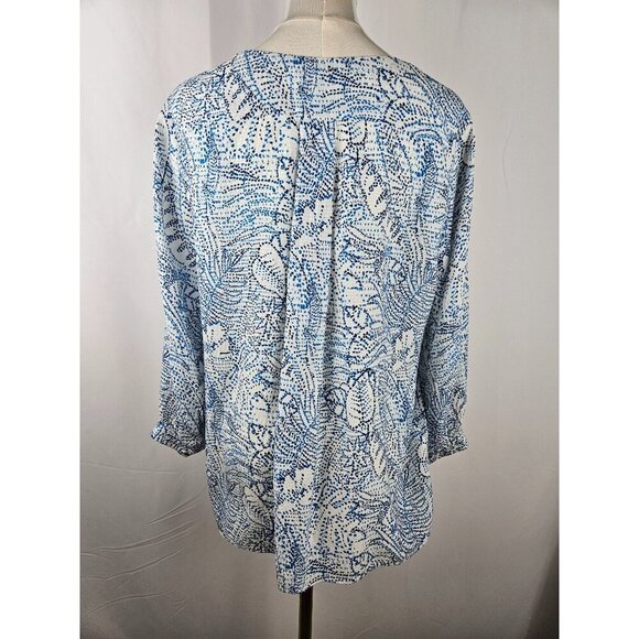 Parker Medium Silk 3/4 Sleeve Beverly Blouse Botanical Dots Floral Blue White - Picture 9 of 11